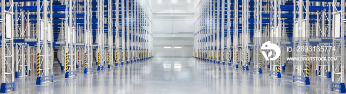 Empty huge distribution warehouse with high shelves