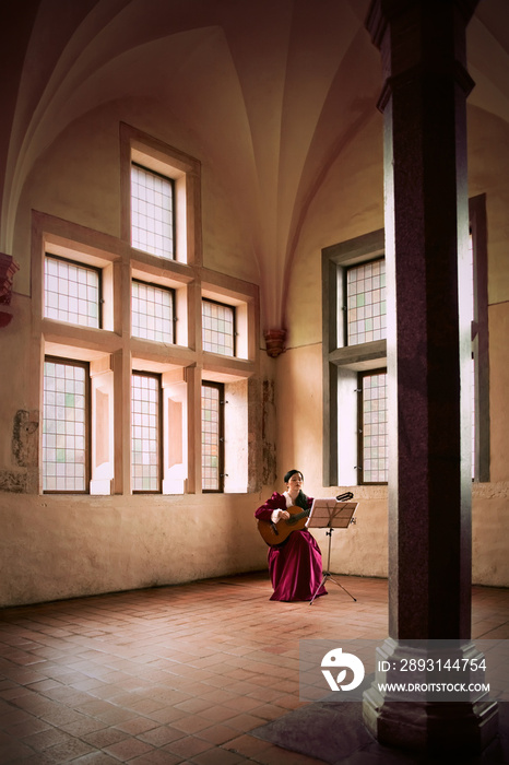 马尔堡城堡中一名女子在弹吉他。