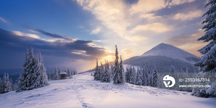 Winter Landscape with a dawn in mountains