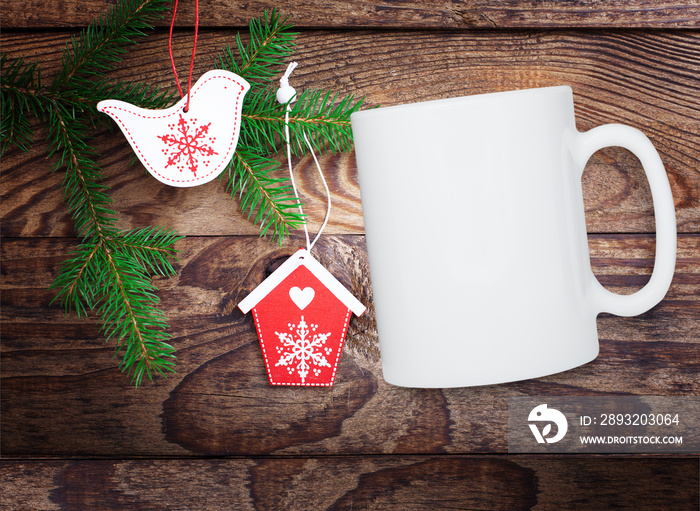 Winter mug mockup, blank white cup. Christmas background.