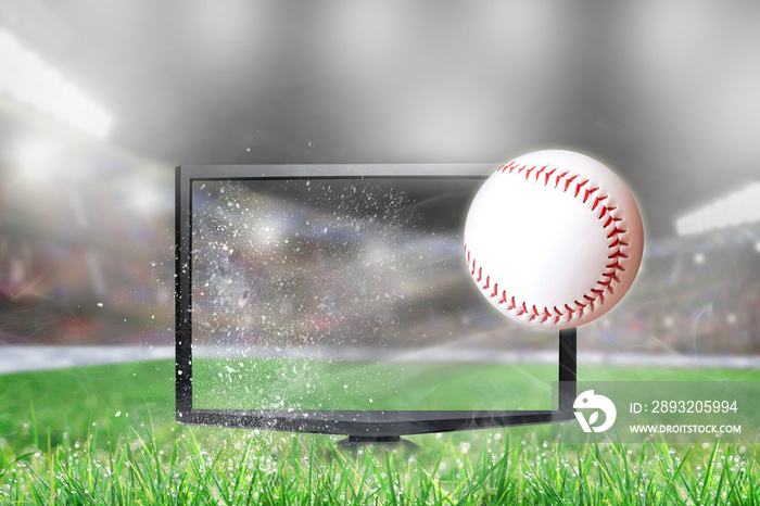 Baseball Flying Out of TV Screen in Stadium.  Concept of 3D or 4D sports, Virtual Reality VR or Comp