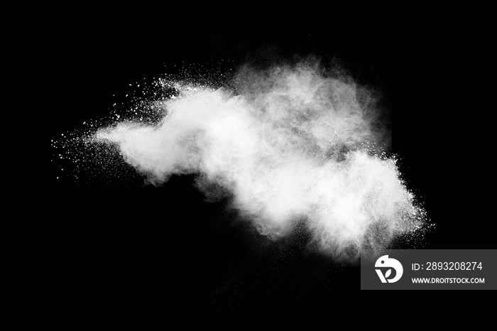 Explosion of white powder isolated on black background. Abstract colored background. holi festival.