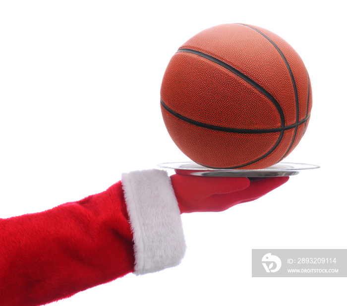 Santa Claus holding a serving tray with a basketball