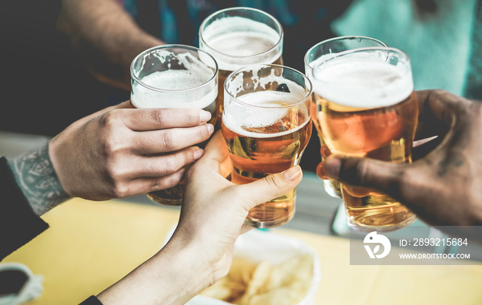 Group of friends enjoying a beer in brewery pub