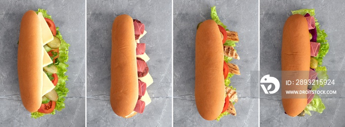 Top view photo of different kinds of cold sandwiches.