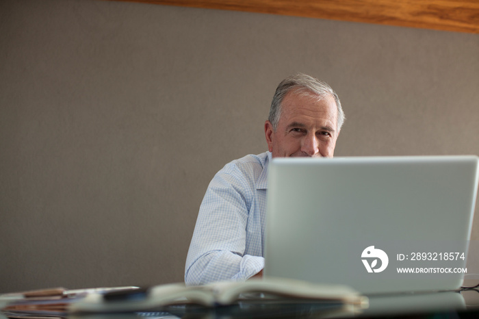 Portrait senior man working at laptop