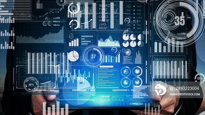 Big Data Technology for Business Finance Analytic conceptual. Modern graphic interface shows massive