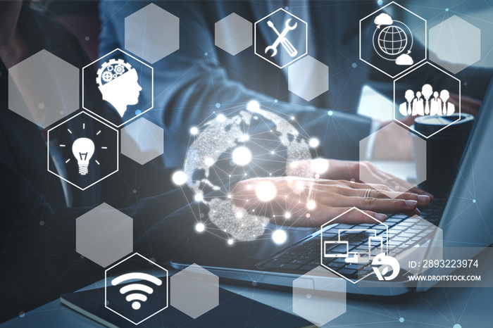 AI Learning and Artificial Intelligence Concept - Icon Graphic Interface showing computer, machine t