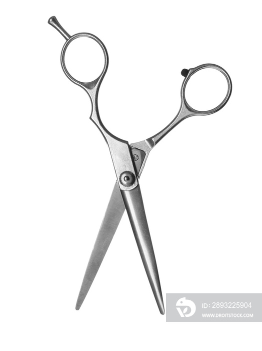 Professional metal scissors in open position isolated on white