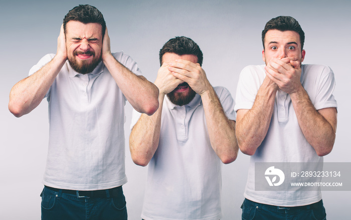 Isolated studio shot of a Caucasian woman in the See No Evil, Hear No Evil, Speak No Evil poses