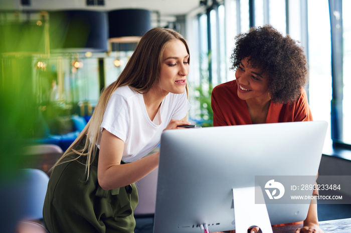 Businesswoman listening attentively coworker speech