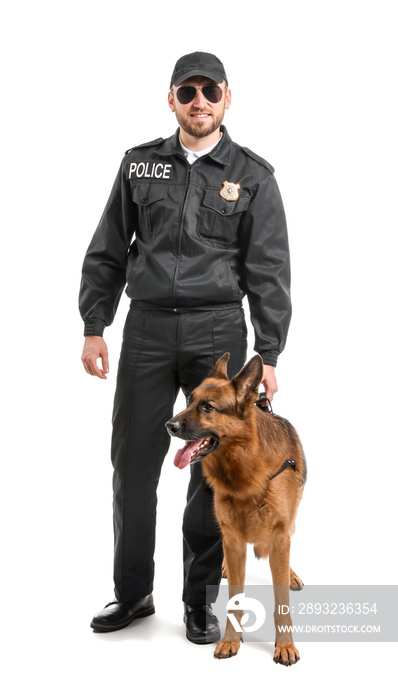 Male police officer with dog on white background