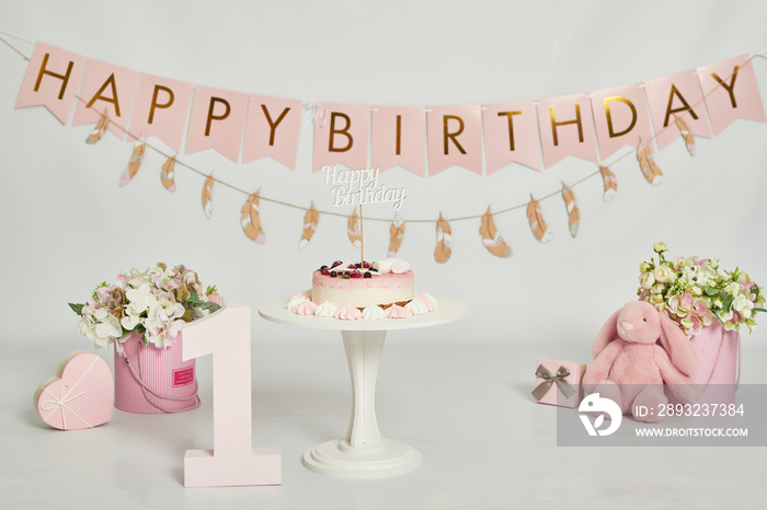 pink decoration for the first year photo session cake smash