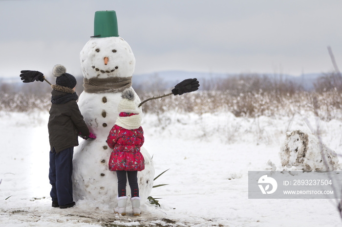 两个年幼的孩子，男孩和女孩，完成了戴着斗笠、围巾和手套的微笑雪人