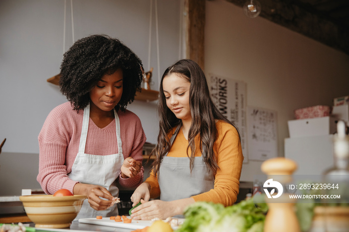 Female chef assisting student in cooking food at class