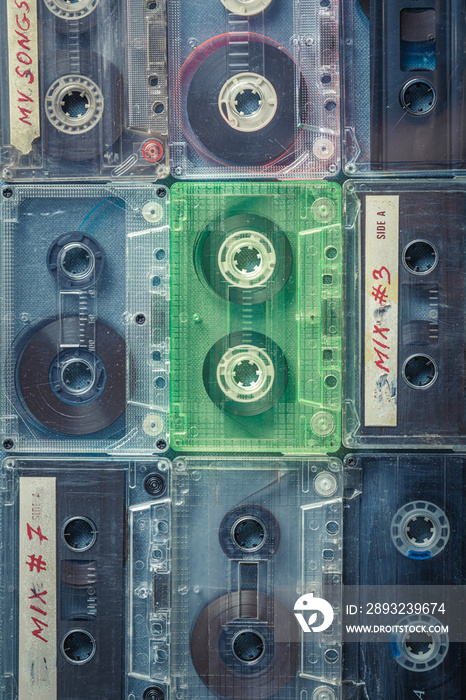 Antique cassette tapes arranged in a grid