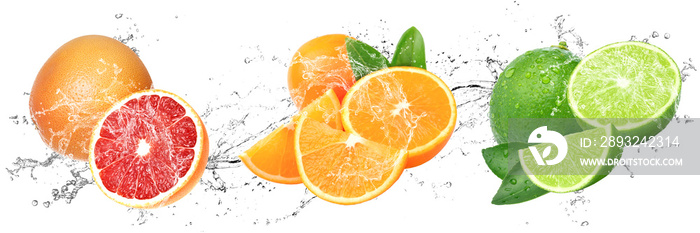 Fresh Fruits with water splash on isolated white background | grapefruit, orange and lime