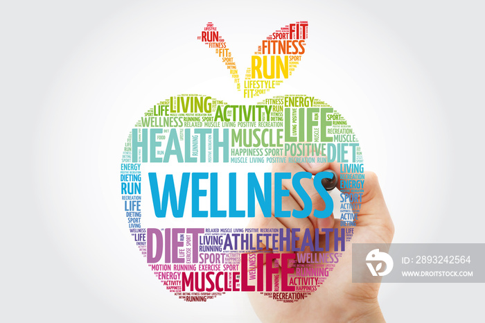 Wellness apple word cloud with marker, health concept background