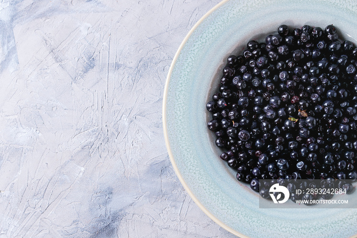 Blue ceramic plate of wild forest blueberries over gray texture concrete background. Top view with c