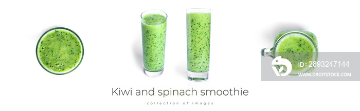 Kiwi and spinach smoothie isolated on a white background. Mason jar with green smoothie.