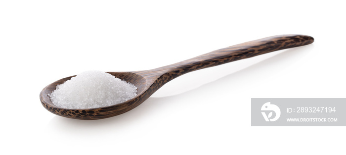 white sugar in wooden spoon on white background