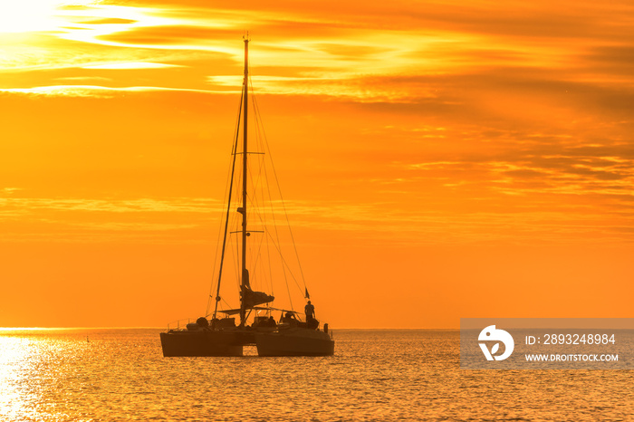 黄昏时分，双体船在波罗的海水面上滑翔。驶向金色的太阳