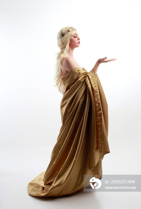 Full length portrait of pretty female model wearing  grecian goddess  toga gown, posing with elegant