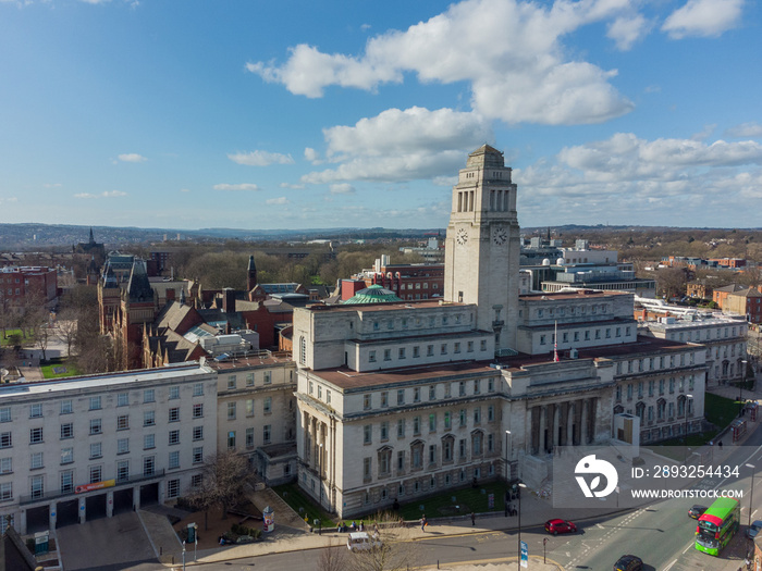 Leeds University Great Hall building aerial view looking north towards Headingley