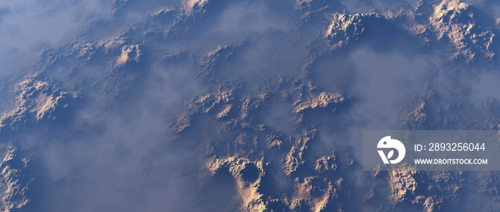 Aerial of rough rocky terrain in mist.