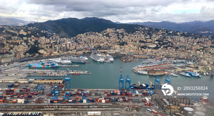 Drone view Aerial view panoramic view of Genoa in Italy with port, cruise ships, container and cargo