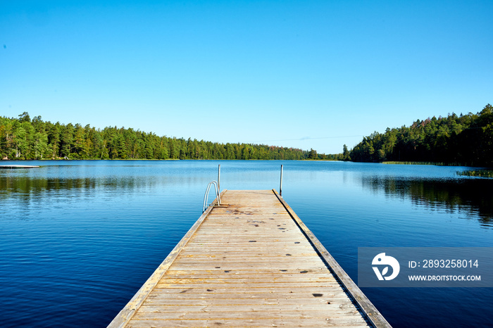 Sommer Badesee Badesteg mit blauem Himmel und Wald im HIntergrund