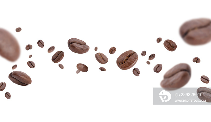 Flying whirl roasted coffee beans in the air studio shot isolated on white background long banner wi