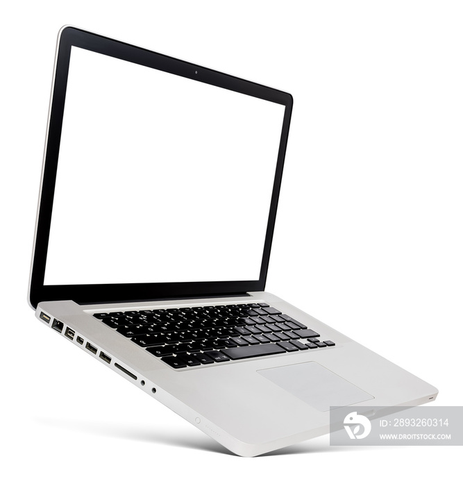 带空白屏幕、隔离在白色屏幕上的铝制飞行笔记本电脑