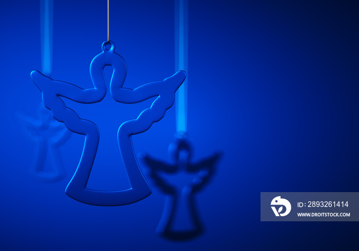 Three hanging glass silhouettes of angel against royal blue background.