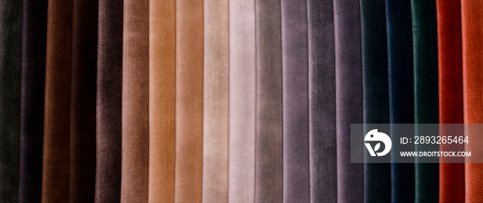 Samples of furniture fabrics.Multicolor fabric texture background.Velours.Banner.