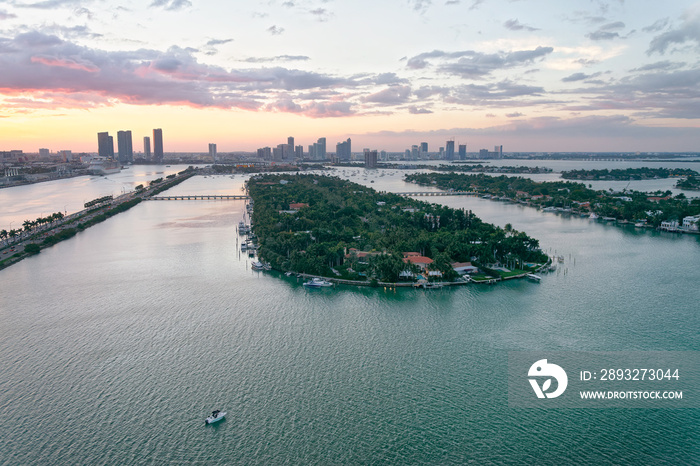 Palm Island and Hibiscus Island in Miami. Aerial view from helicopter at sunset