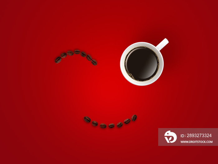 俯视白咖啡杯或杯子的抽象图像，咖啡豆面带微笑，情绪激动。