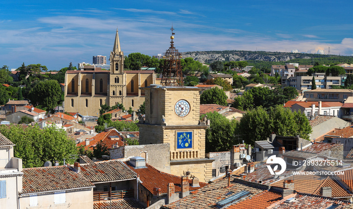 View of Salon de Provence with church and bell tower, France.