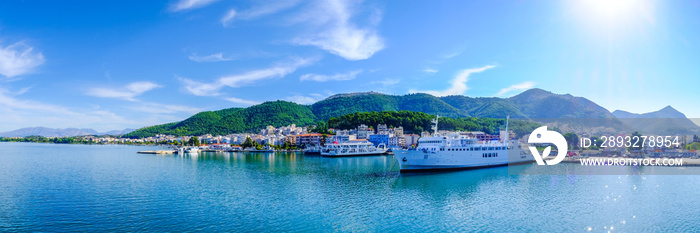 Greece ferryboat harbour panoramic shot. Artistic HDR image.