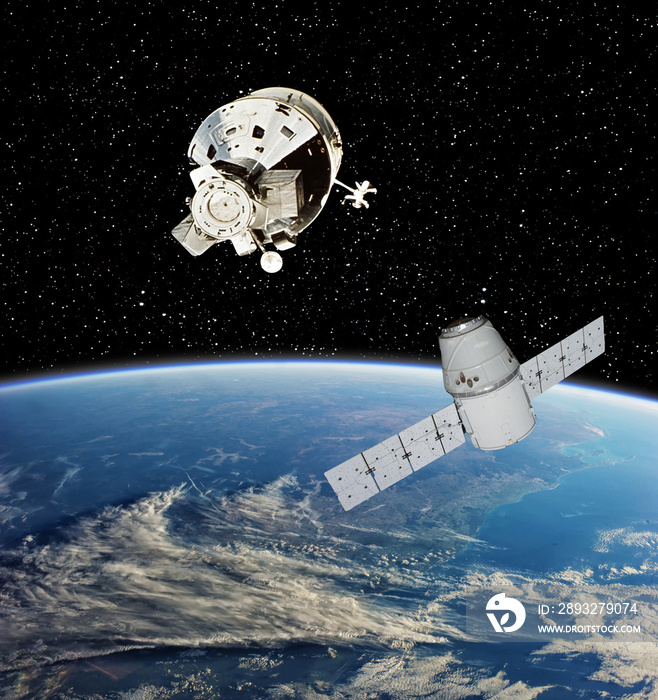 地球和航天器。外层空间。这张图片的元素由美国国家航空航天局提供。