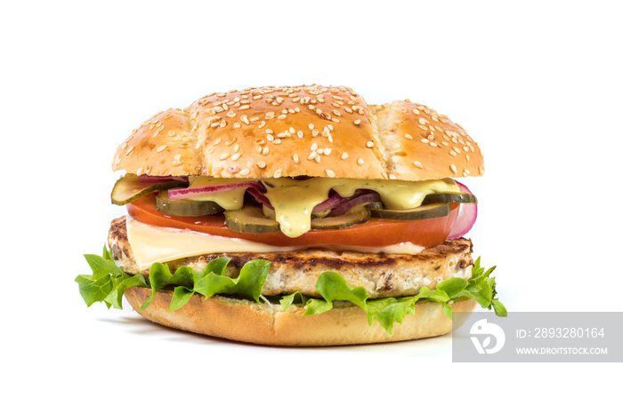 Fast food Burger with salad isolated against white background