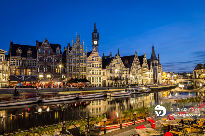 Picturesque medieval buildings overlooking the  Graslei harbor  on Leie river in Ghent town, Belgium