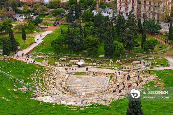 Ancient Theater of Dionysus seen from the hill of Athens Acropolis. Ancient ruins. The Theatre of Di
