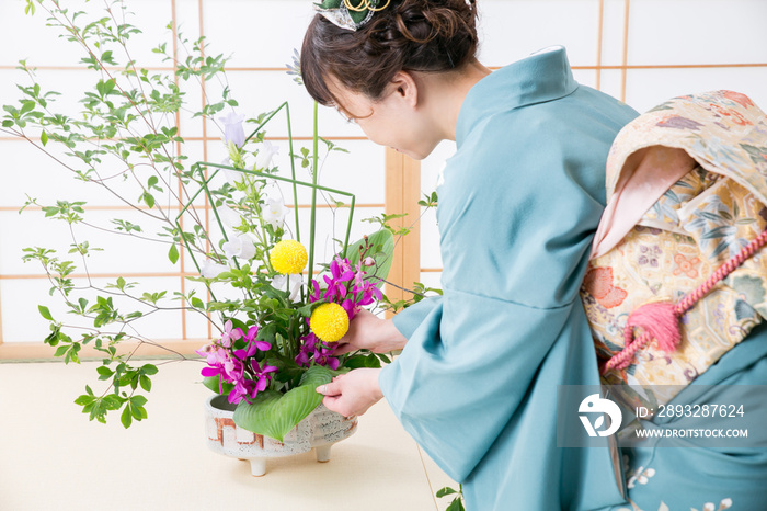 生け花をする着物姿の女性