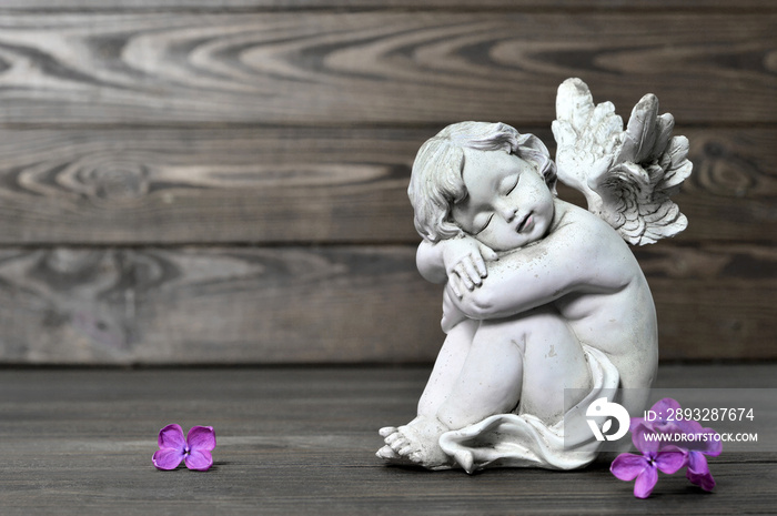 Angel guardian sleeping on wooden background