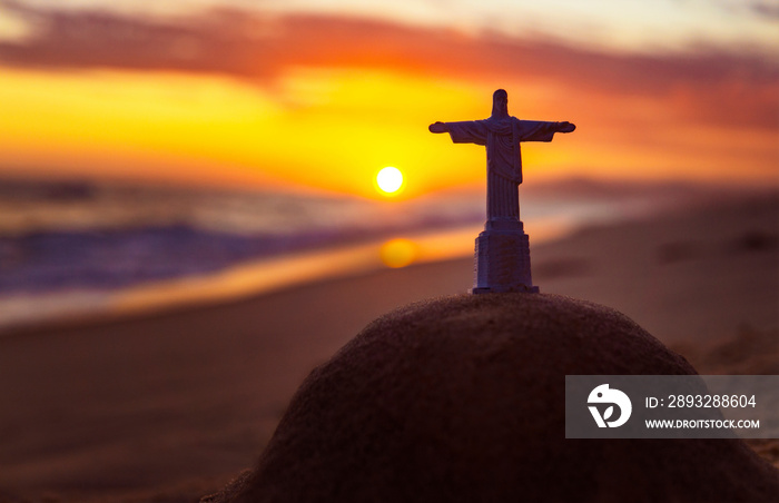 Cristo Redentor On Famous Ipanema Beach At Sunset Rio De Janeiro