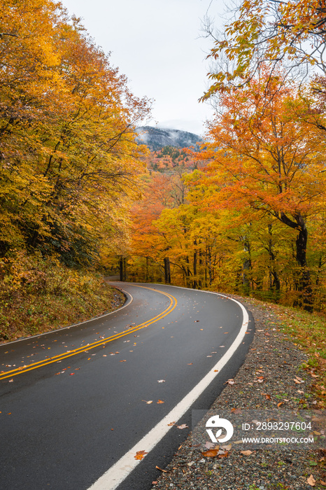 A vertical photograph of a two-lane road winding through the smoky mountains of North Carolina with 