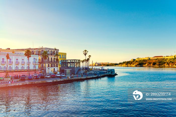 Colorful sunset in Old Havana with a view of the bay