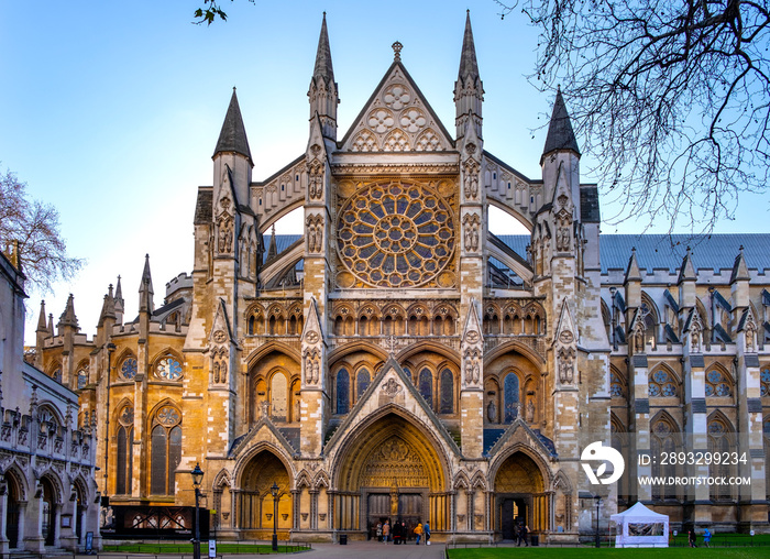 London, United Kingdom - Northern entrance to the royal Westminster Abbey, formally Collegiate Churc