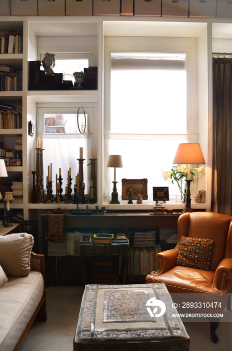 Leather armchair and coffee table in living room